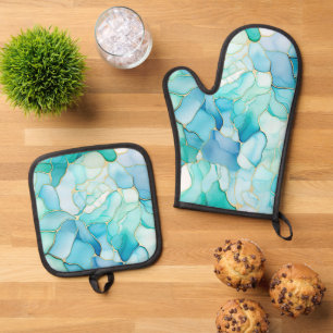 Mint Aqua Pearl Gold Marble Oven Mitt & Pot Holder Set