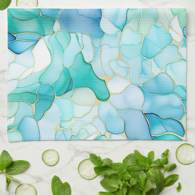 Mint Aqua Pearl Gold Marble  Tea Towel (Folded)