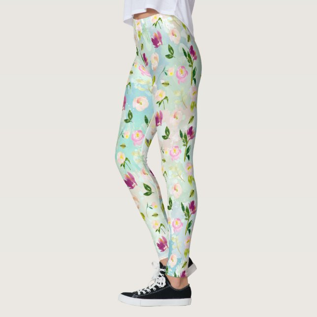 Mint Aqua Pretty Watercolor Floral Leggings (Left)