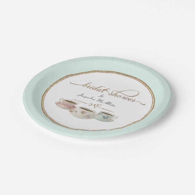 Mint Aqua Tea Party Bridal Shower Decor Script Paper Plate (Angled)