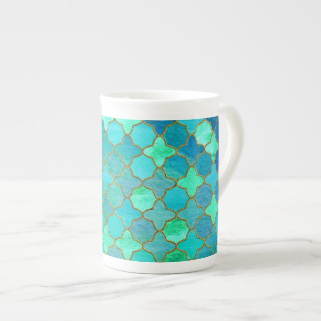 Mint Aqua Teal Gold Oriental Moroccan Tile pattern Bone China Mug (Front Right)