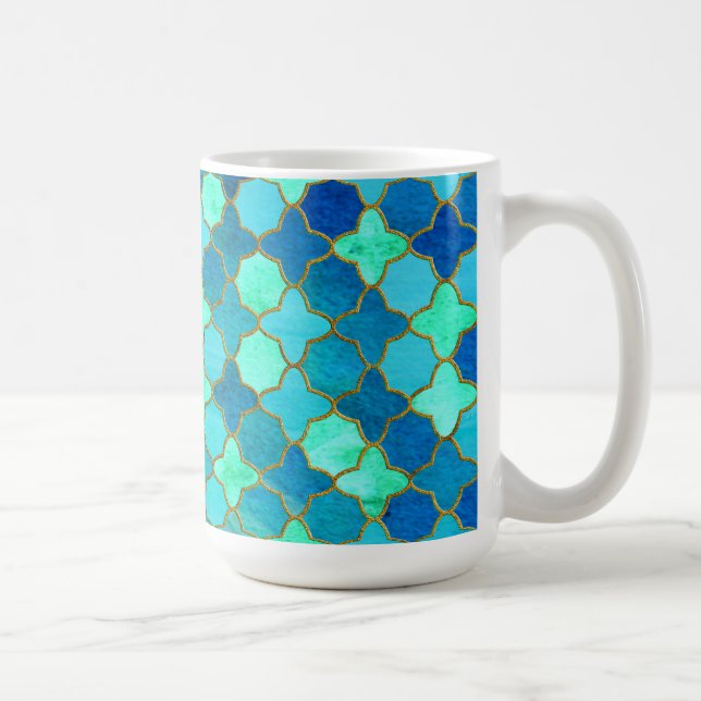 Mint Aqua Teal Gold Oriental Moroccan Tile pattern Coffee Mug (Right)