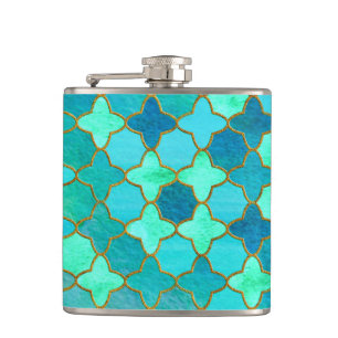 Mint Aqua Teal Gold Oriental Moroccan Tile pattern Hip Flask