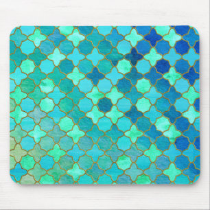 Mint Aqua Teal Gold Oriental Moroccan Tile pattern Mouse Mat