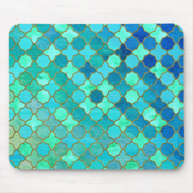 Mint Aqua Teal Gold Oriental Moroccan Tile pattern Mouse Mat (Front)