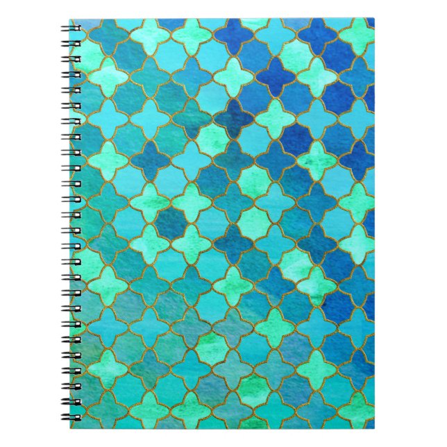 Mint Aqua Teal Gold Oriental Moroccan Tile pattern Notebook (Front)