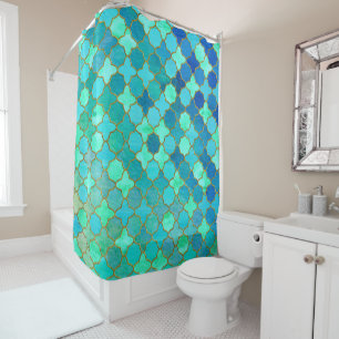 Mint Aqua Teal Gold Oriental Moroccan Tile pattern Shower Curtain