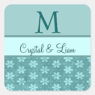 MINT AQUA TEAL GREEN Damask Wedding Monogram Square Sticker