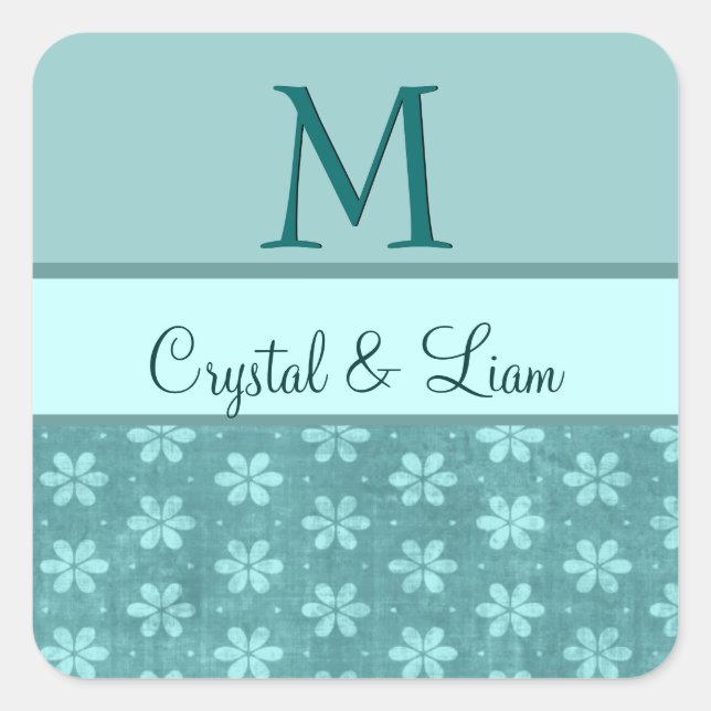 MINT AQUA TEAL GREEN Damask Wedding Monogram Square Sticker (Front)