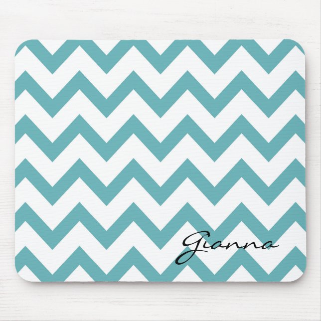 Mint Aqua White Chevron Mouse Mat (Front)