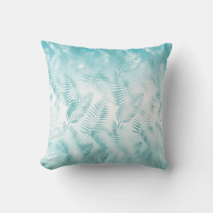 Mint Aqua White Tropical Beach Leaves           Cushion