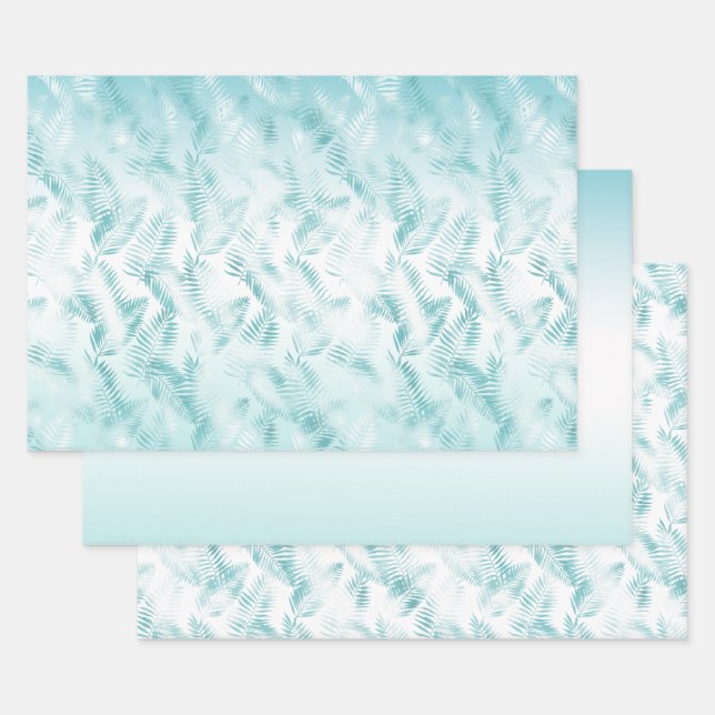 Mint Aqua White Tropical Beach Leaves             Wrapping Paper Sheet (Set)