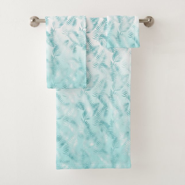 Mint Aqua White Tropical Leaves     Bath Towel Set (Insitu)