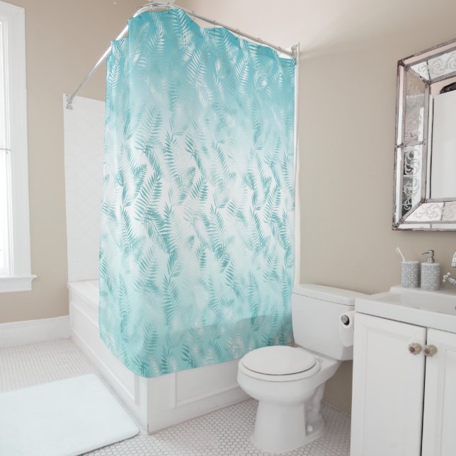 Mint Aqua White Tropical Leaves   Shower Curtain (In Situ)