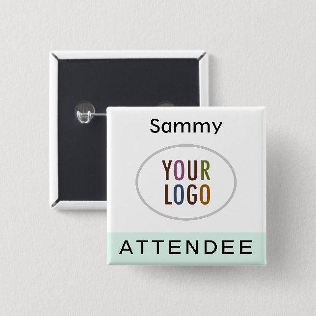 Mint Attendee Name Badge with Logo Pinback Square  (Front & Back)