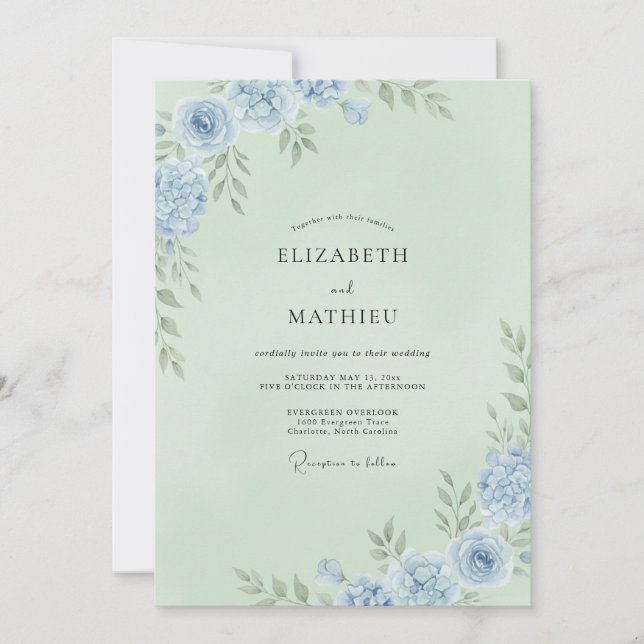 Mint Azure Ranunculus Eucalyptus Wedding Invitation (Front)