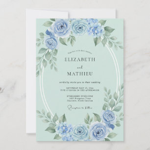 Mint Azure Watercolor Floral Wedding Invitation