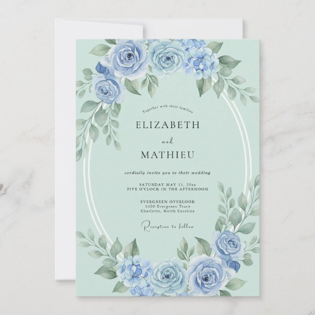 Mint Azure Watercolor Floral Wedding Invitation (Front)