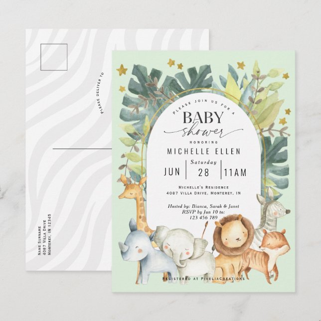 Mint baby boy shower Jungle safari animals Invitation Postcard (Front/Back)