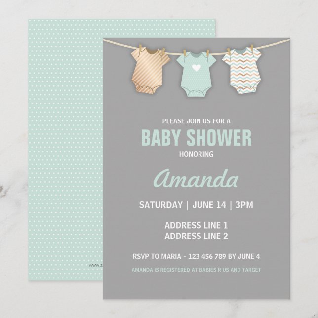 Mint Baby Shower Invitation, Clothesline Theme Invitation (Front/Back)