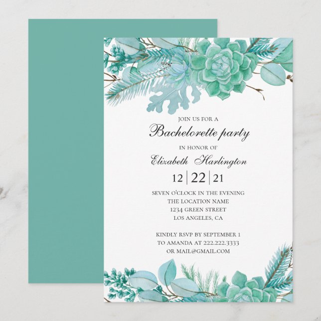 Mint bachelorette party. Watercolor succulents Invitation (Front/Back)