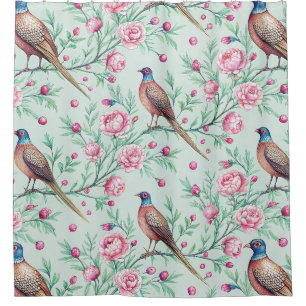 Mint Background Songbirds & Pink Flowers Shower Curtain