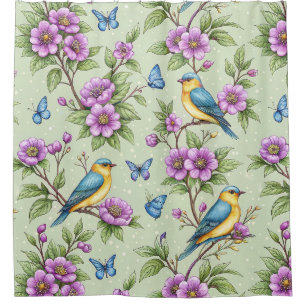 Mint Background Songbirds & Purple Flowers Shower Curtain