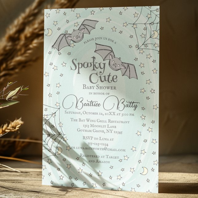 Mint Bats Spooky Cute Baby Shower Invitation (Spooky Cute Baby Bats, Webs, Stars, Moons Halloween Baby Shower Invitation in Pastel Mint. )