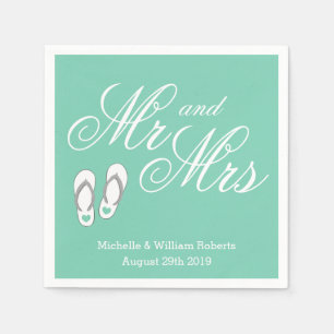 Mint beach slipper Mr and Mrs wedding napkins