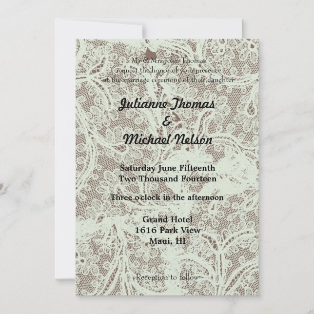 Mint Beige Faux Lace Floral Wedding Invitation (Front)