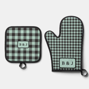 Mint & Black Buffalo Plaid Monogram Initials Oven Mitt & Pot Holder Set