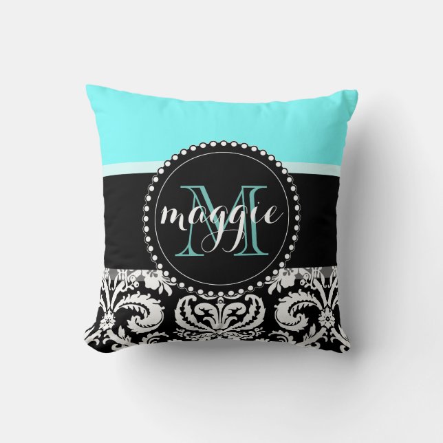 Mint Black Damask Girly Monogram Cushion (Front)
