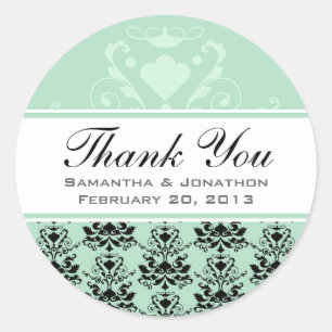 Mint & Black Damask w/ White Wedding Favour Labels