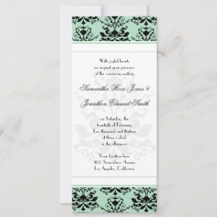 Mint & Black Damask with White Slim Wedding Invite