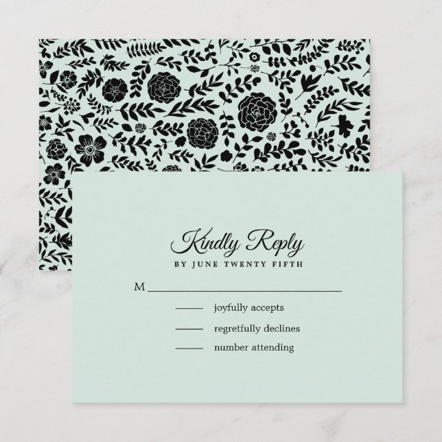 Mint | Black Floral Wedding RSVP Card (Front/Back)