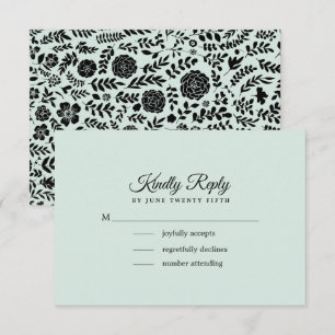 Mint Black Floral Wedding RSVP Card