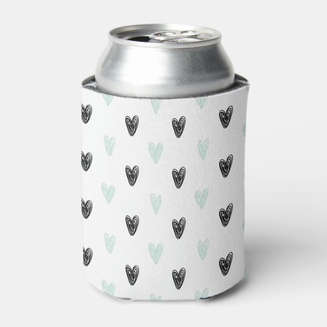 Mint & Black Hearts Doodles Pattern Girly Can Cool Can Cooler (Can Front)