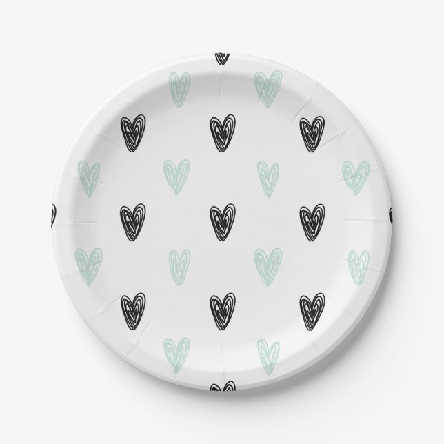 Mint & Black Hearts Doodles Pattern Paper Plates (Front)
