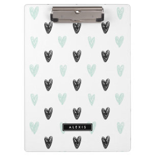Mint & Black Hearts Doodles Pattern Personalised Clipboard