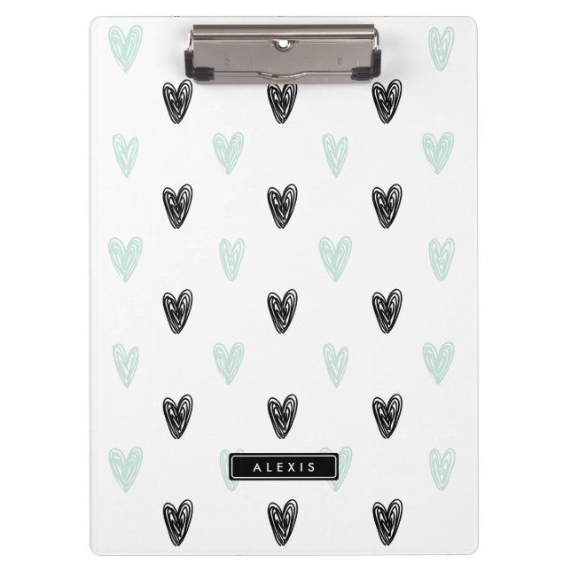 Mint & Black Hearts Doodles Pattern Personalised Clipboard (Front)