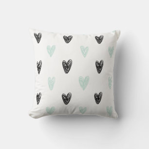 Mint & Black Hearts Doodles Pattern Personalised Cushion