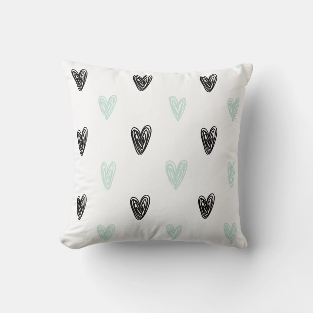 Mint & Black Hearts Doodles Pattern Personalised Cushion (Front)