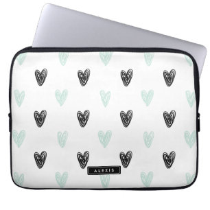 Mint & Black Hearts Doodles Pattern Personalised Laptop Sleeve
