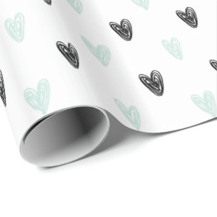 Mint & Black Hearts Doodles Pattern Wrapping Paper