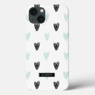 Mint & Black Hearts Pattern Personalised iPad Case