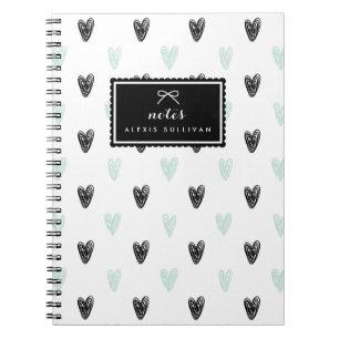 Mint & Black Hearts Pattern Personalised Notebook