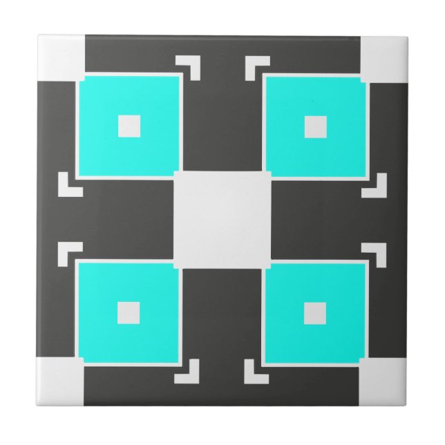 Mint Black & White Chequered Geometric Pattern Tile (Front)