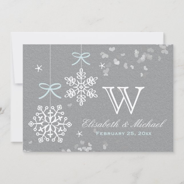 Mint Blue and Grey Snowflake Wedding Invitations (Front)
