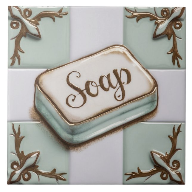 Mint Blue and White Bar of Soap Funny Bathroom Tile (Front)