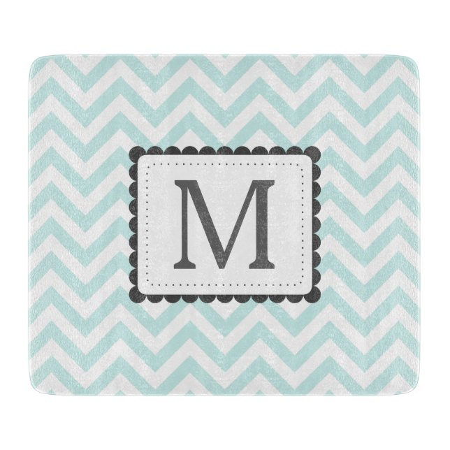 Mint Blue And White Chevron Custom Monogram Cutting Board (Front)